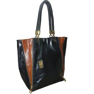 Badgley Mischka Expandable Black Leather Bucket Bag Tote Shopper Mayra Shine
